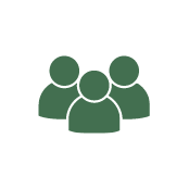 Green icon of three simplified human figures grouped together on a white circular background, representing a community or group of people.