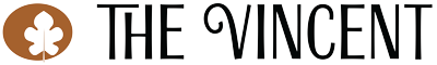 Logo with a brown circle containing a white leaf on the left, followed by the words "THE VINCENT" in tall, stylized black letters on a light background.