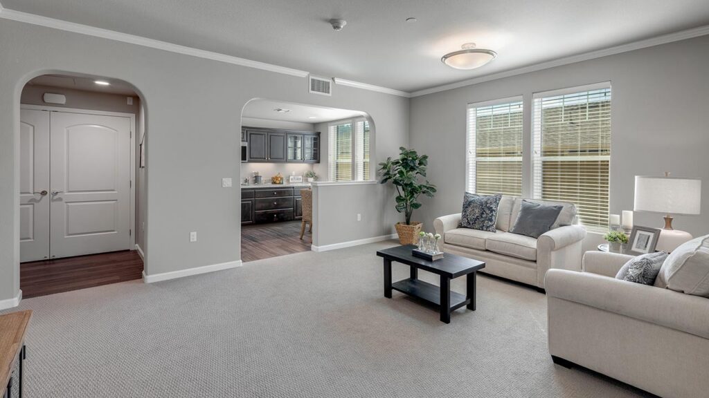 Modern living room with beige carpet, two light-colored sofas, a black coffee table, potted plant, table lamp, and large windows. Archway leads to kitchen with dark cabinets and white countertops.